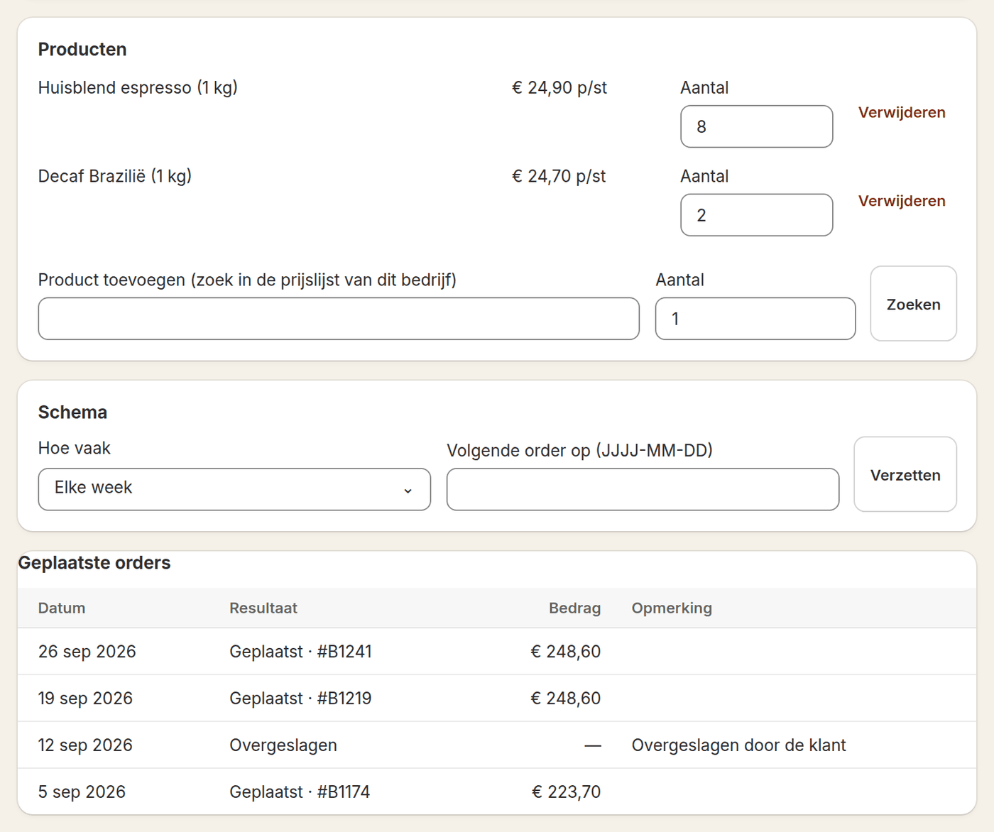 Een vaste bestelling in Loyalo met de producten en catalogusprijzen, het schema en de geplaatste orders