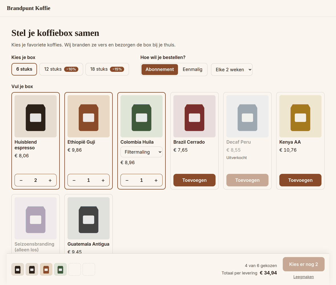 De box-pagina in een webshop: drie formaten, de keuze tussen abonnement en eenmalig, producten met plus- en minknoppen en onderaan de balk met vier van zes gekozen producten