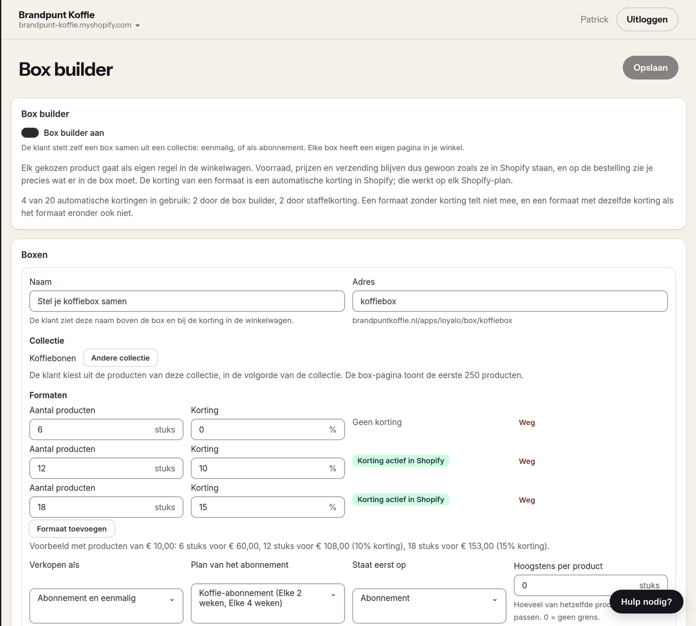 De pagina Box builder in Loyalo: de schakelaar, een box met naam, adres, collectie en drie formaten met hun korting
