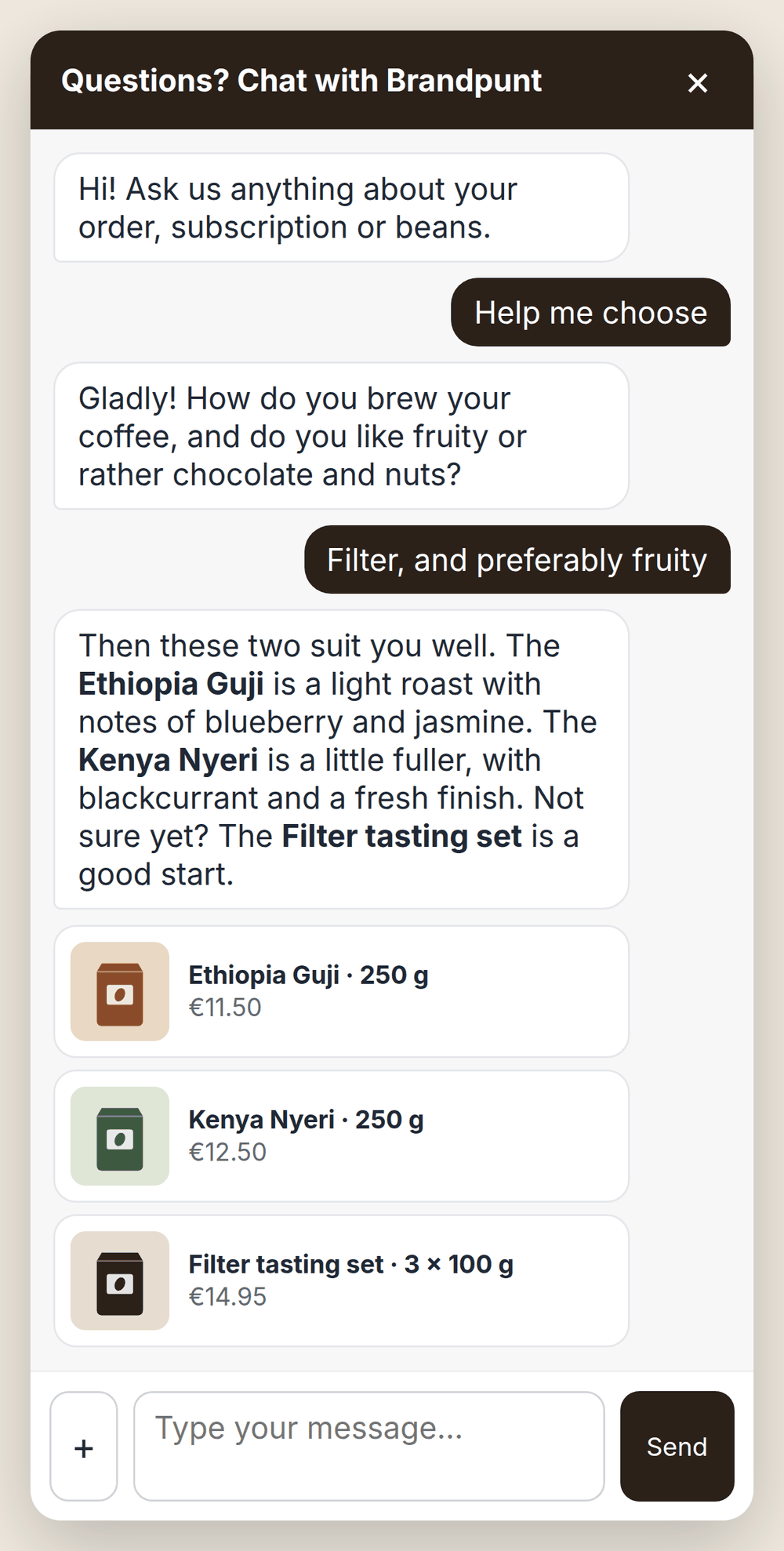 Chat window in which the AI recommends two coffees and a tasting set, with product cards with photo and price below