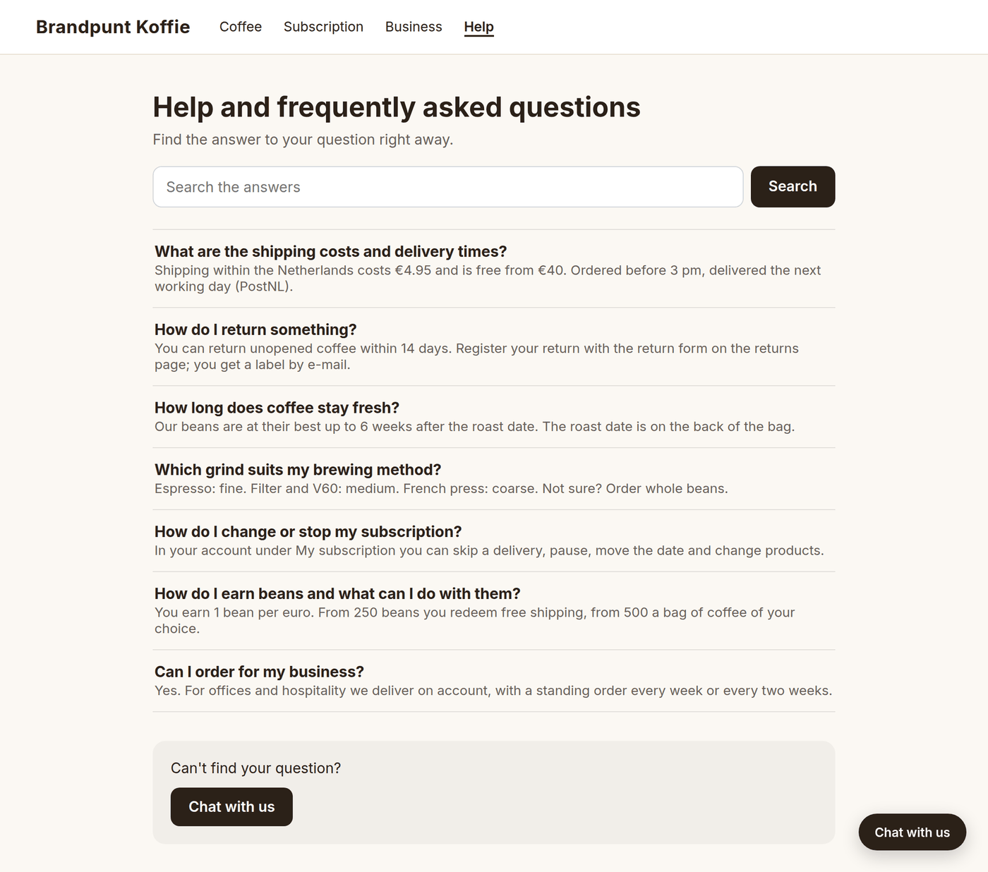 Help page in a webshop with a search field, seven frequently asked questions and the button Chat with us
