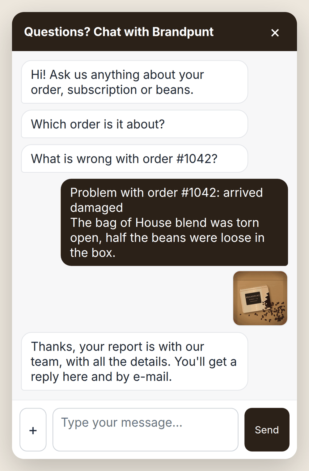Chat window in which a customer reported a damaged order with a photo and gets the confirmation that the team will reply