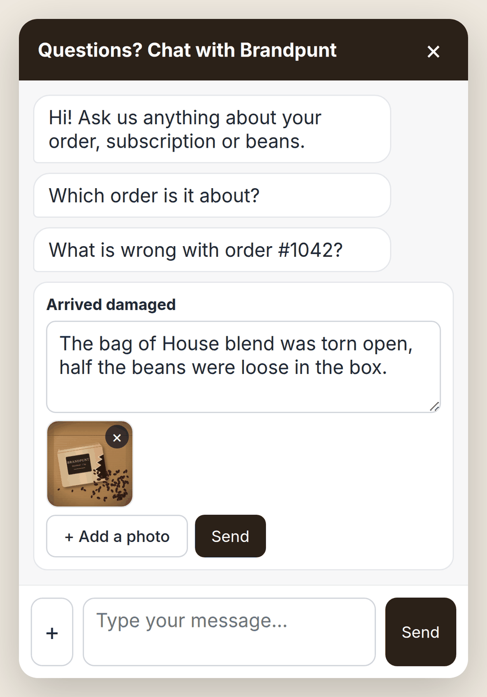 Chat window in which a customer reports a damaged order: an explanation in a text field, a photo of the torn bag attached and the button to add a photo