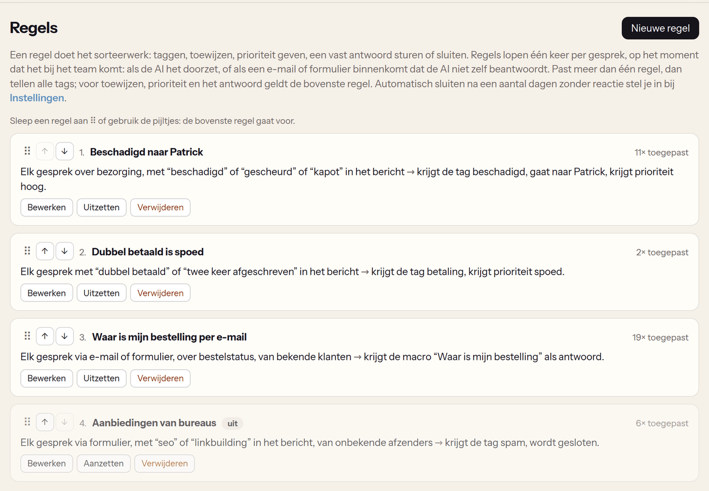 Regels in Loyalo: beschadigd naar een medewerker met hoge prioriteit, dubbel betaald als spoed, en een automatisch antwoord op e-mails over de bestelstatus