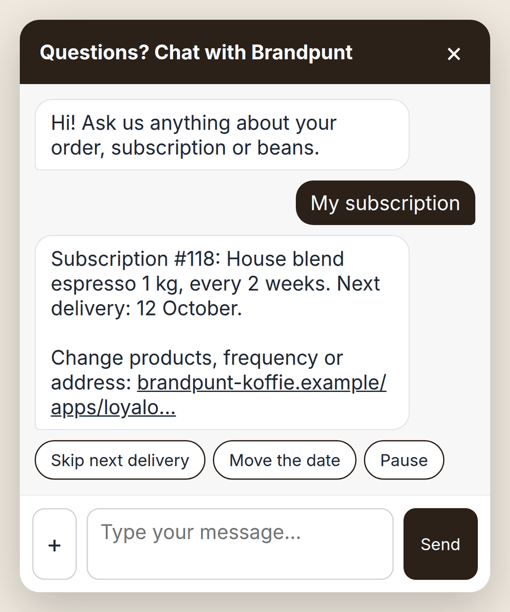 Chat window in which a customer sees their subscription with the next delivery date and buttons to skip the delivery, move the date or pause
