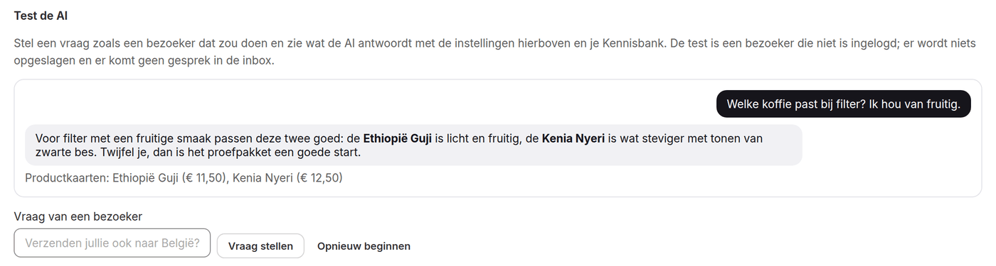 Test de AI in de instellingen van AI-chat: een vraag over filterkoffie met het antwoord van de AI en de productkaarten