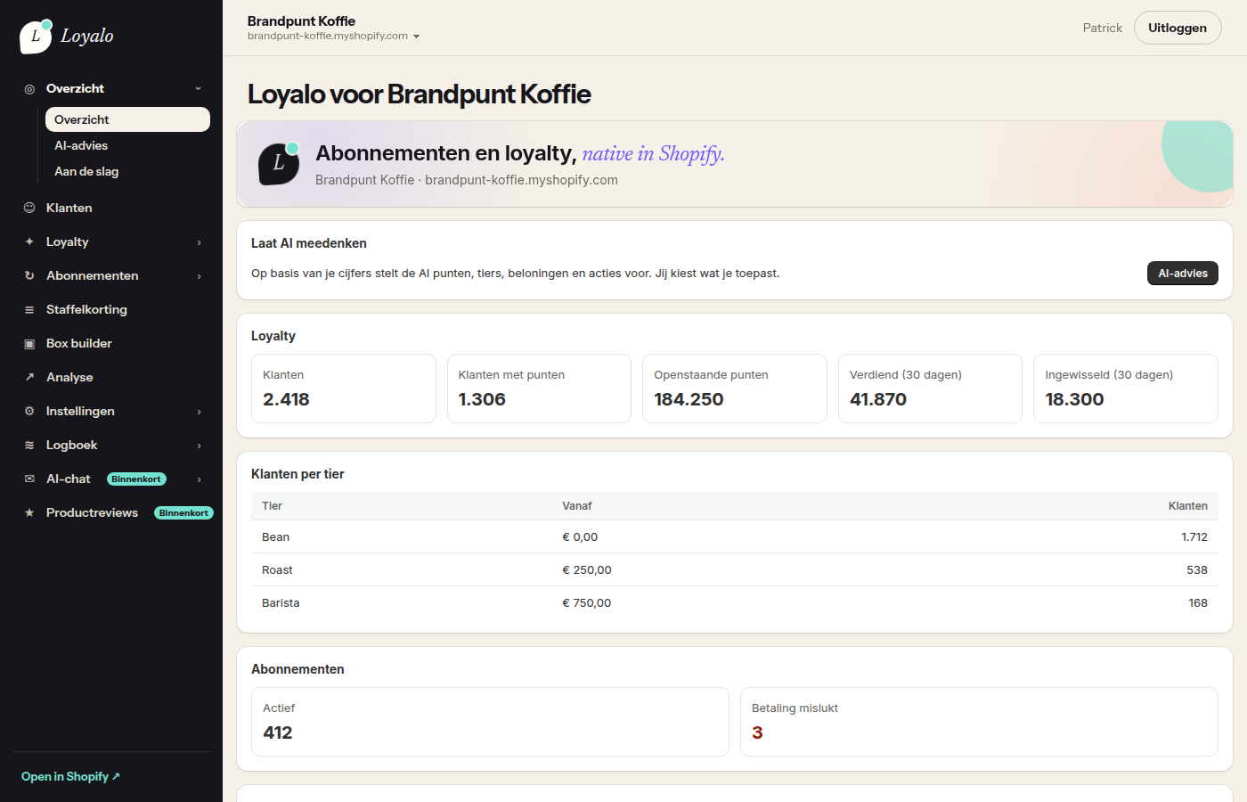 Het Loyalo-overzicht met klanten, openstaande punten, tiers en actieve abonnementen