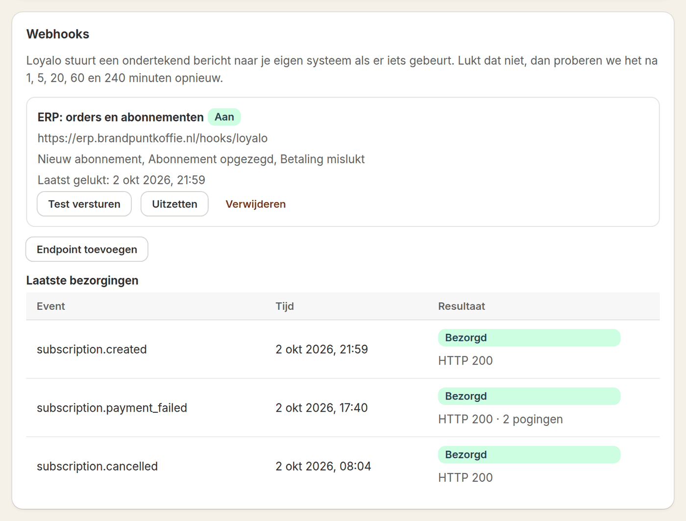 Webhooks in Loyalo: een endpoint met de gekozen events en de laatste bezorgingen met hun resultaat