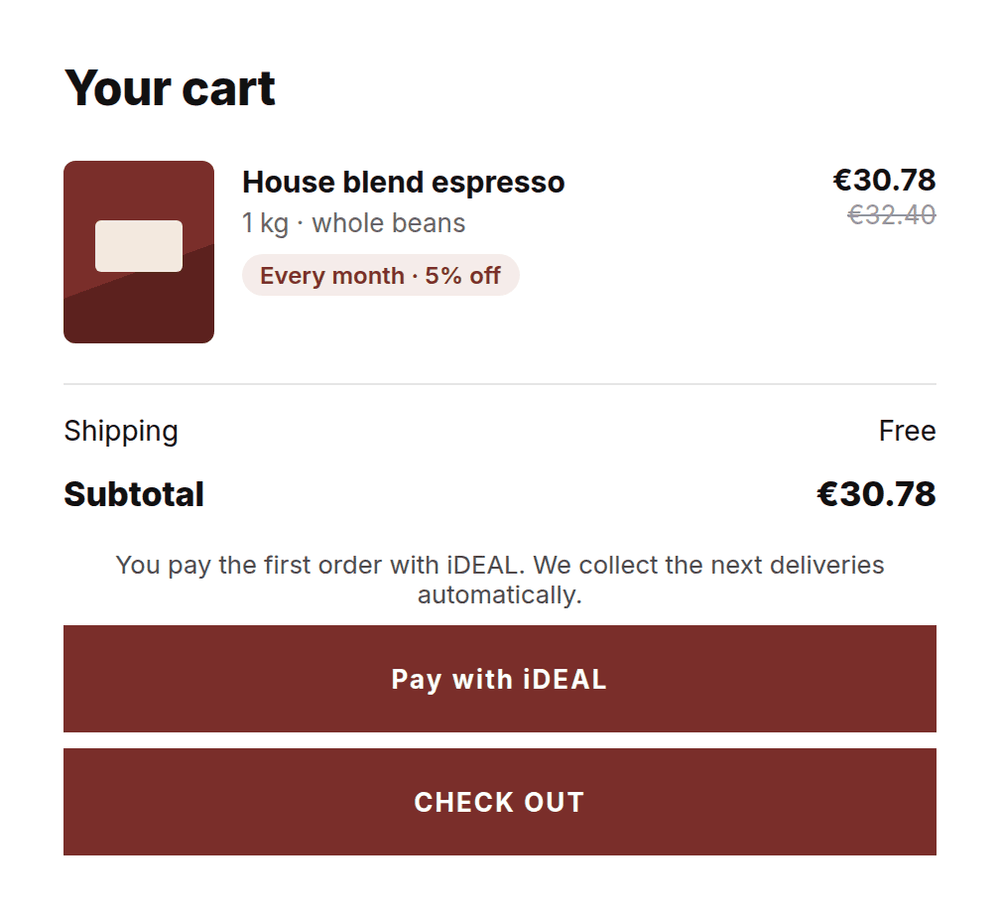 Cart with a coffee subscription and the Pay with iDEAL button above the checkout button