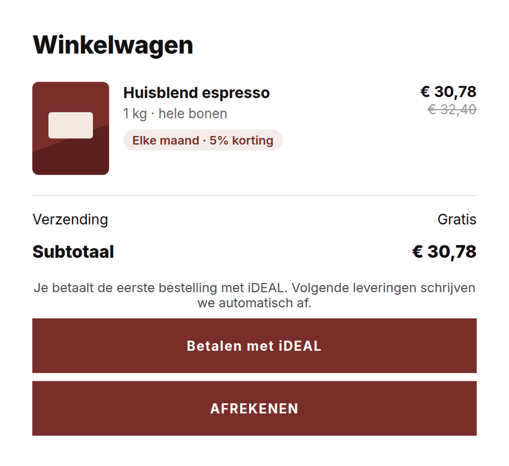 Winkelwagen met een koffieabonnement en de knop Betalen met iDEAL boven de afrekenknop