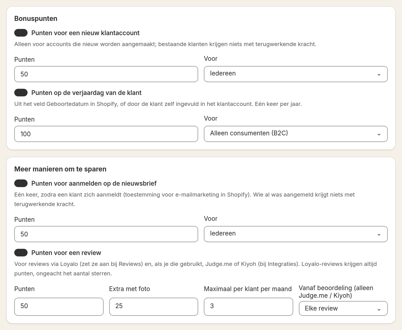 De instellingen voor bonuspunten in Loyalo: punten voor een nieuw klantaccount, de verjaardag, de nieuwsbrief en een review