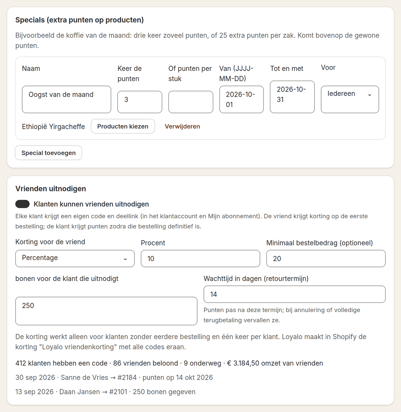 Loyalo-dashboard met een special voor extra punten op een product en de instellingen voor vrienden uitnodigen