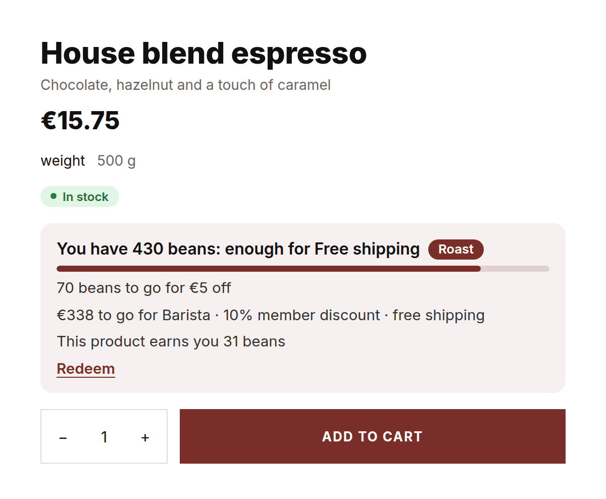 Product page with the Loyalo Member benefit block: balance, progress to the next reward and the customer's tier