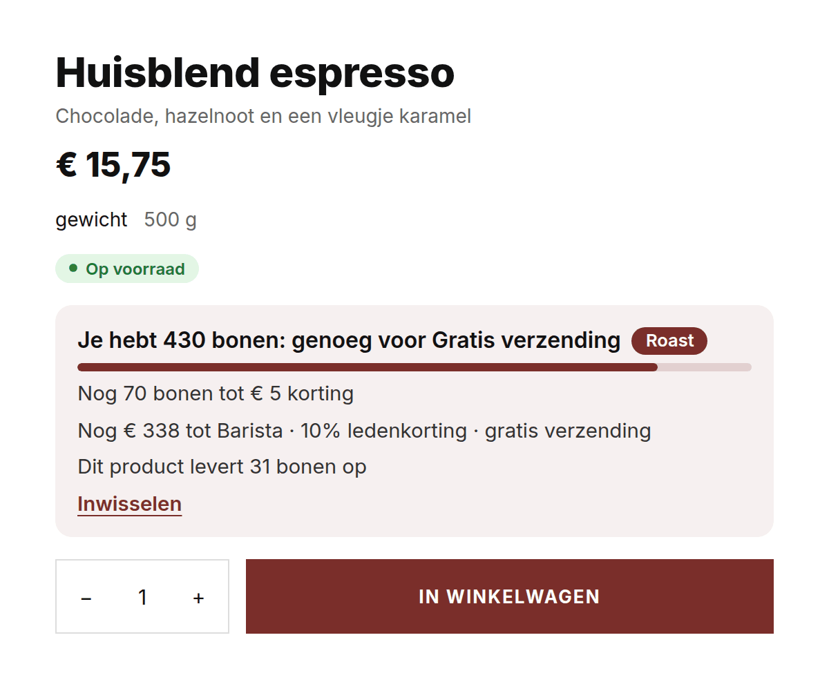 Productpagina met het Loyalo-blok Ledenvoordeel: saldo, voortgang naar de volgende beloning en de tier van de klant