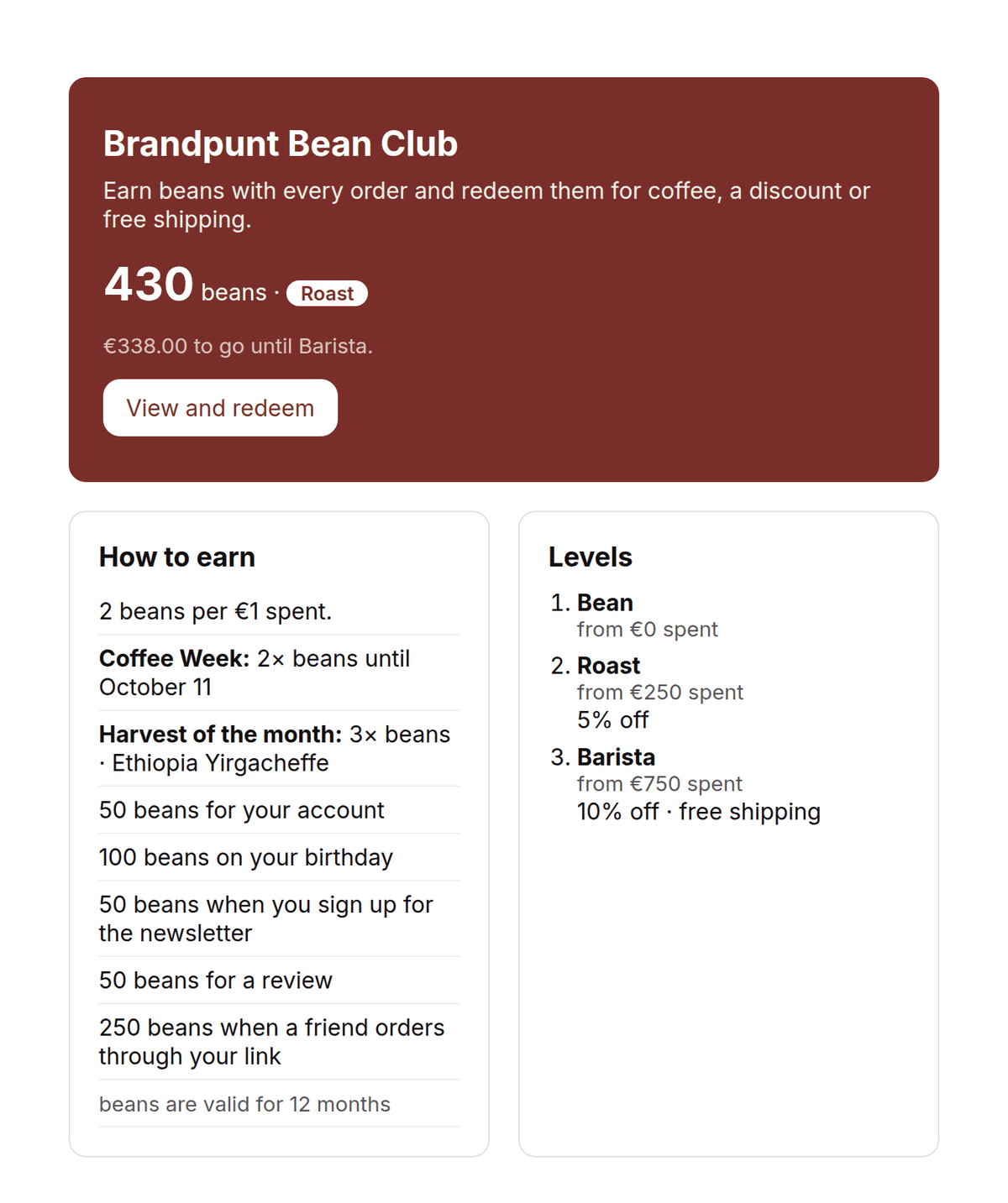 Rewards page of a coffee shop with balance, tier, ways to earn and the levels of the loyalty programme