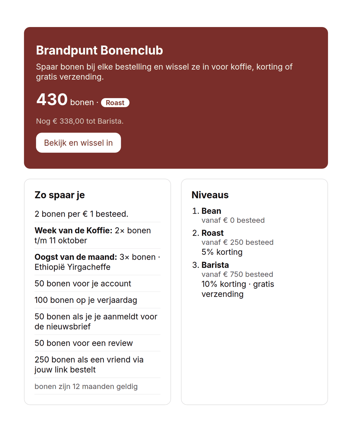 Spaarpagina van een koffiewinkel met saldo, tier, manieren om te sparen en de niveaus van het loyaliteitsprogramma