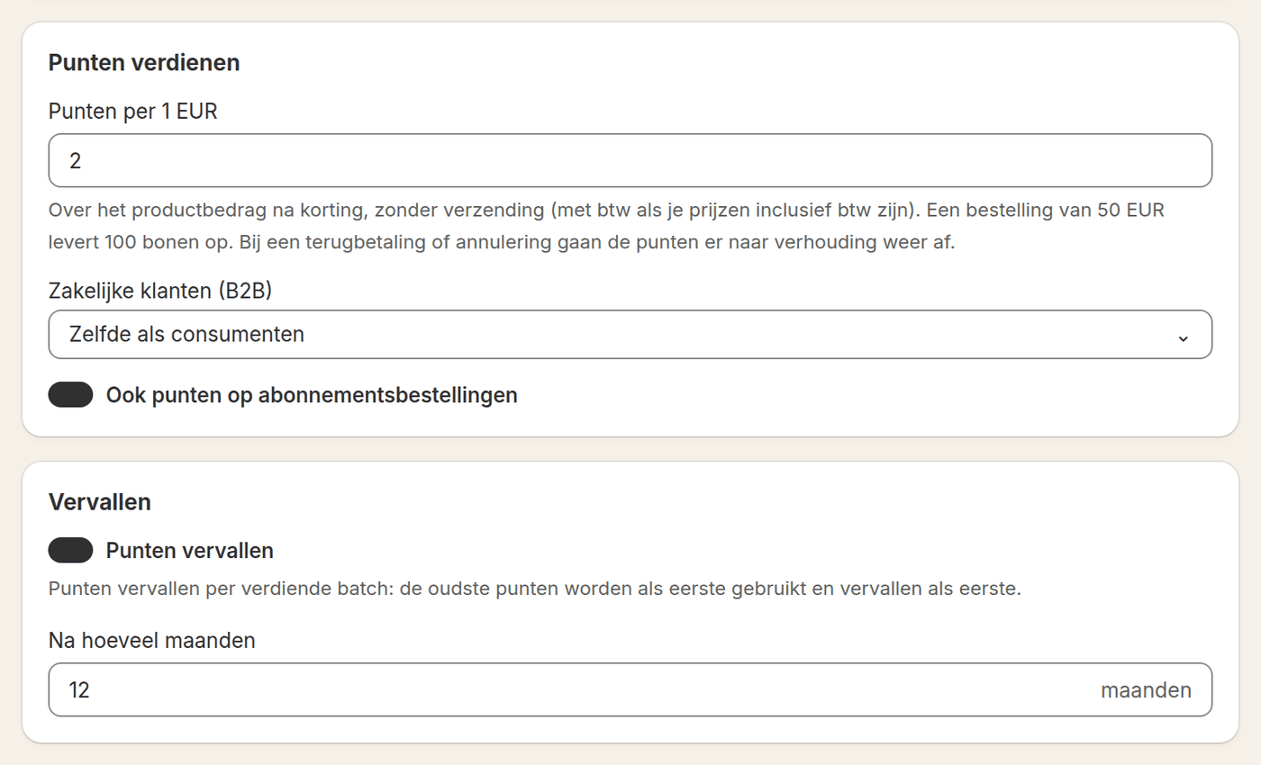 Loyalo-dashboard met de instellingen voor punten: punten per euro, abonnementsbestellingen en de vervaltermijn