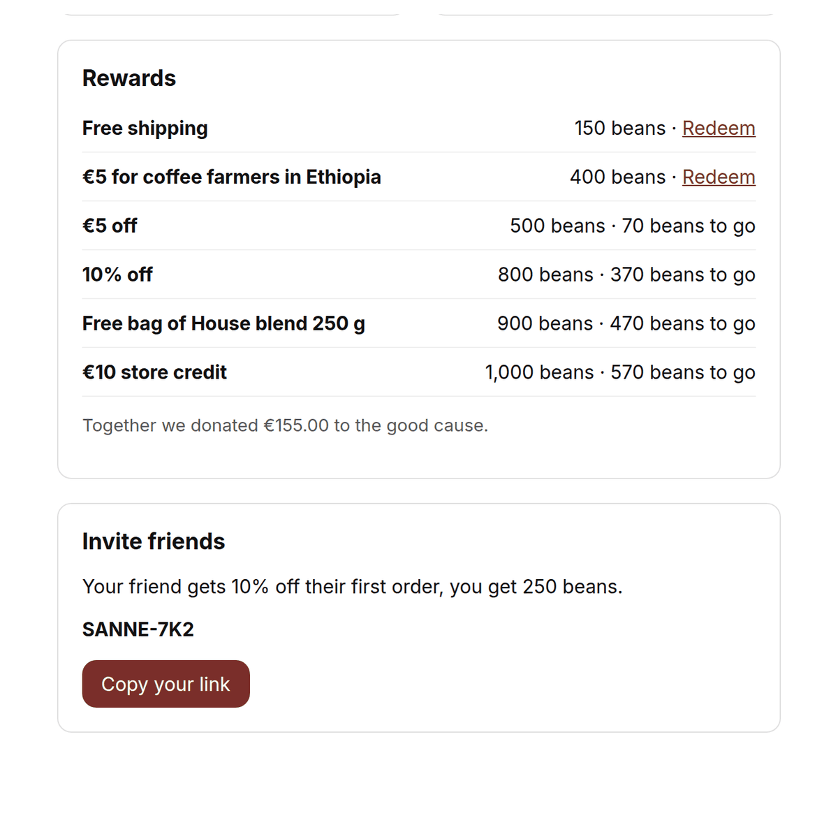 Rewards of a loyalty programme with the points per reward and a personal link to invite friends