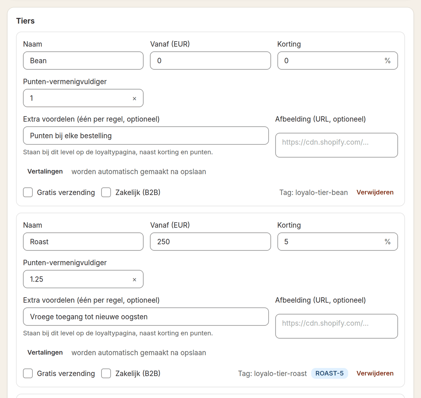 Loyalo-dashboard met tiers, elk met drempel, korting, puntenvermenigvuldiger en extra voordelen