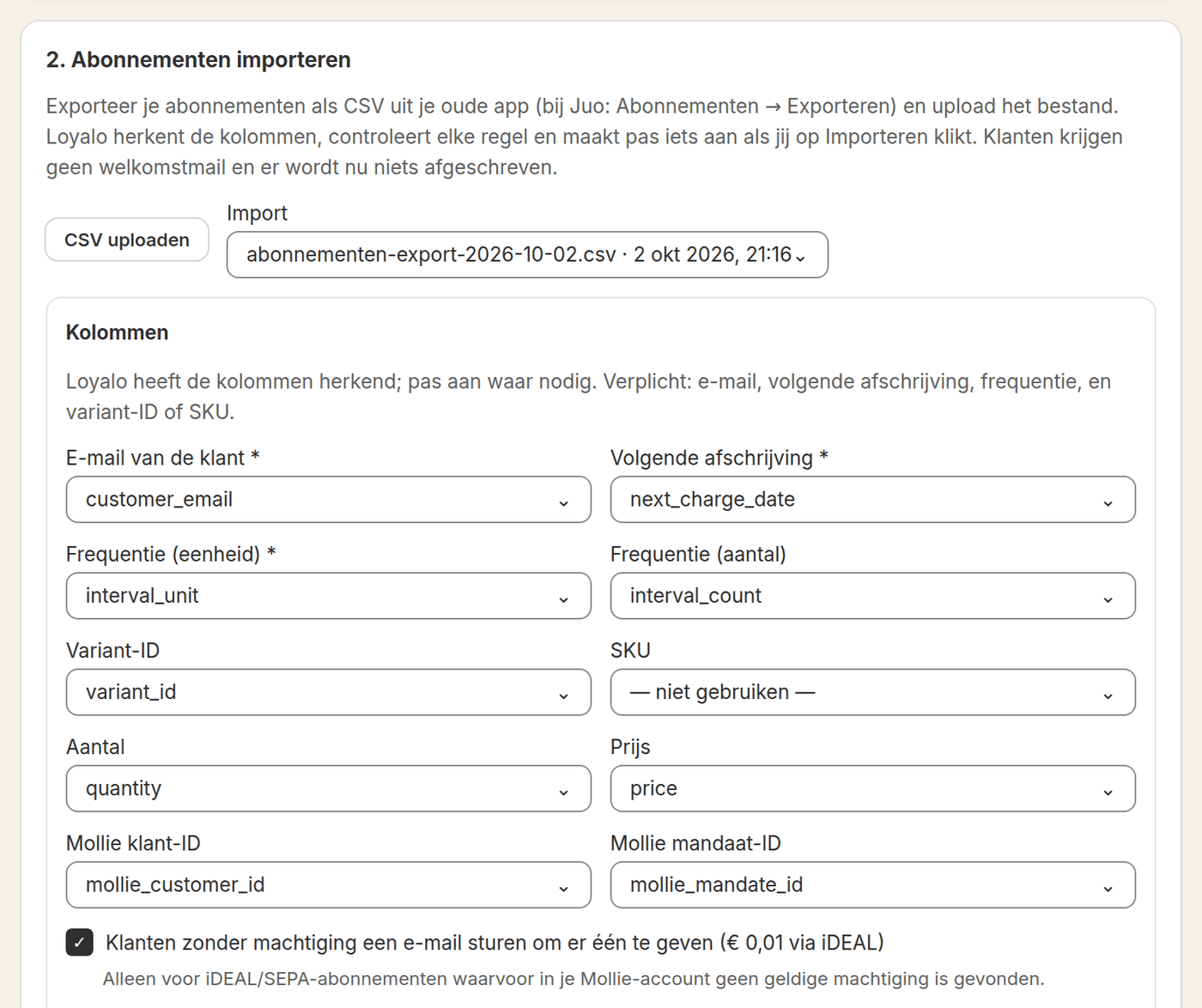 Stap 2 van overstappen in Loyalo: een geüpload CSV-bestand en de kolommen die Loyalo heeft herkend