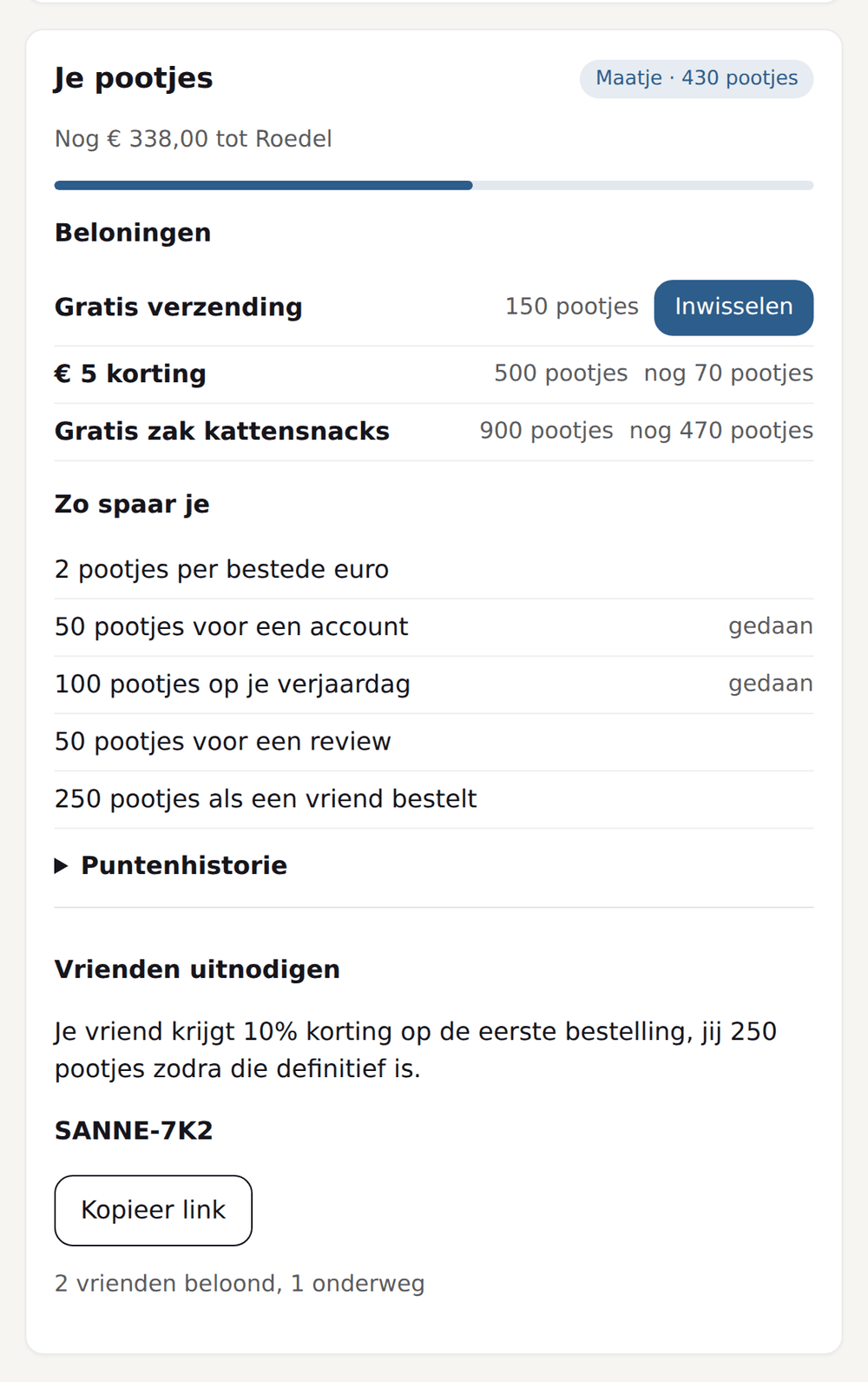 Klantportaal van een dierenwinkel met het puntensaldo in 'pootjes', de tier, de beloningen en de manieren om te sparen