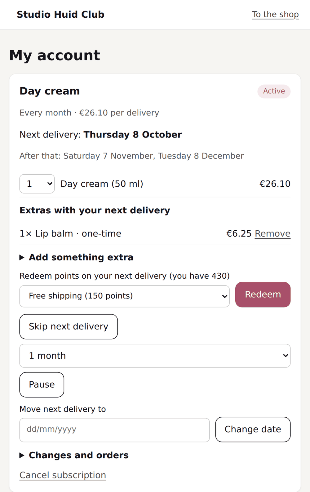 Customer portal of a skincare brand with the next delivery, a one-time extra and buttons to skip, pause and reschedule