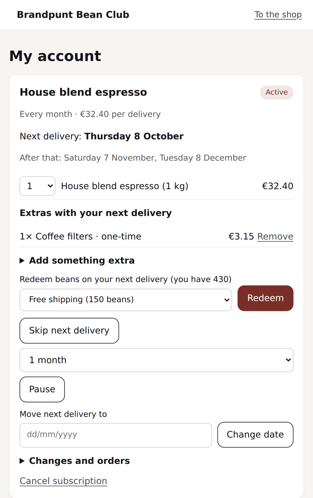 Customer portal with a coffee subscription: next delivery, quantity, a one-time extra and buttons to skip, pause and reschedule