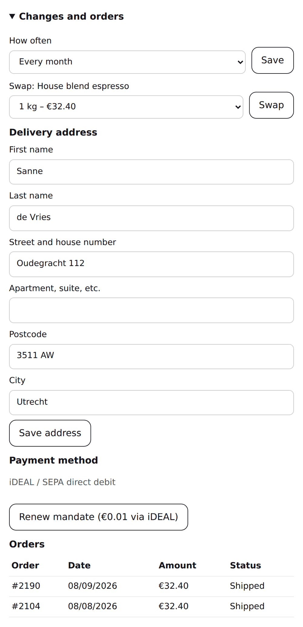 Customer portal with the options to change the frequency, swap the product, change the delivery address and renew the iDEAL mandate