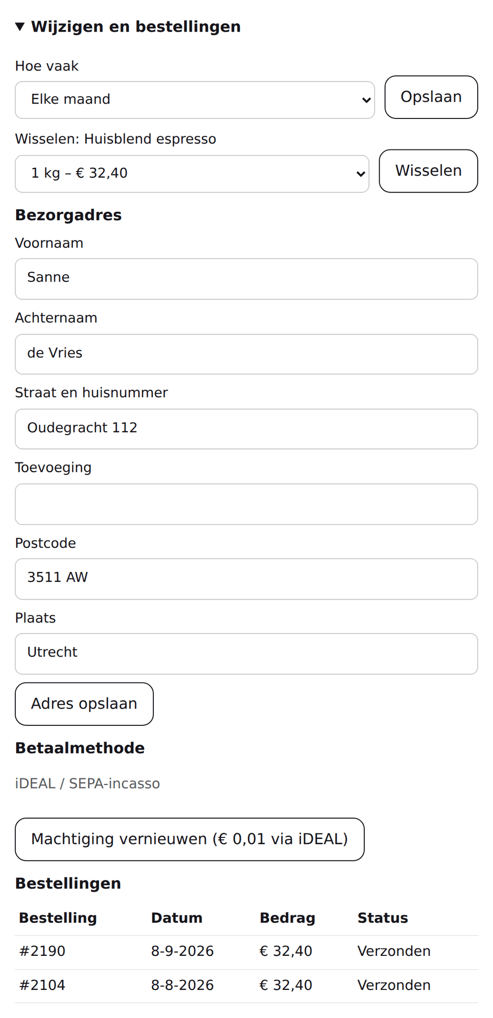 Klantportaal met de opties om de frequentie te wijzigen, van product te wisselen, het bezorgadres aan te passen en de iDEAL-machtiging te vernieuwen