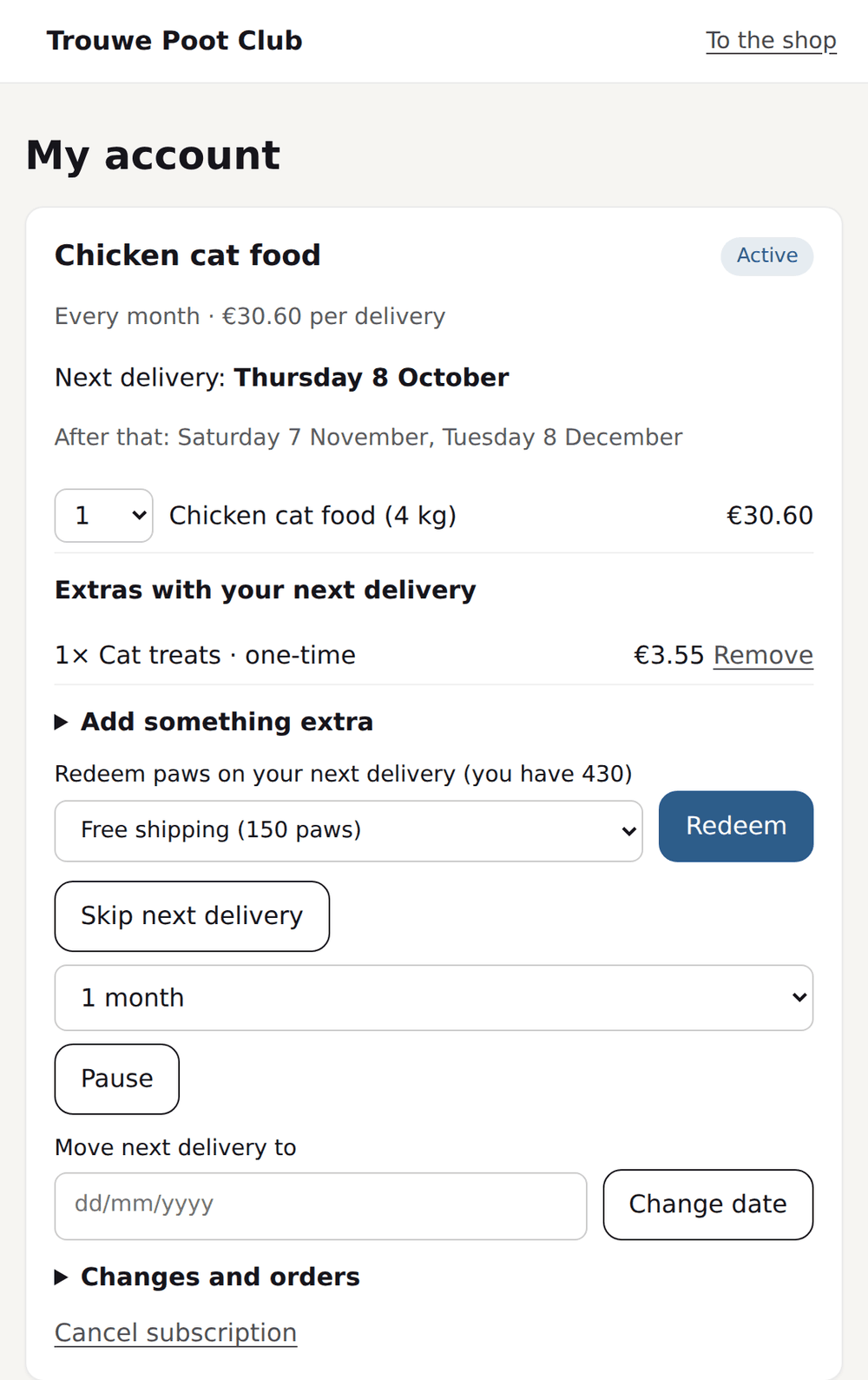 Customer portal of a pet store with the next delivery, a one-time extra and buttons to skip, pause and reschedule