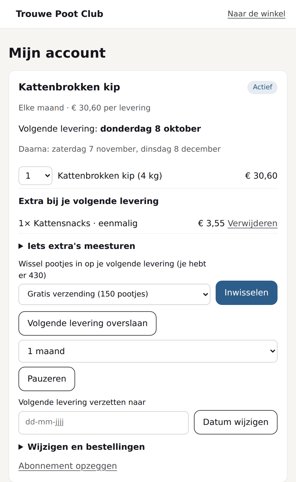 Klantportaal van een dierenwinkel met de volgende levering, een eenmalige extra en knoppen om over te slaan, te pauzeren en te verzetten
