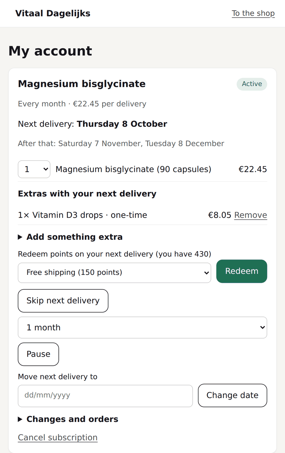 Customer portal of a supplement store with the next delivery, a one-time extra and buttons to skip, pause and reschedule