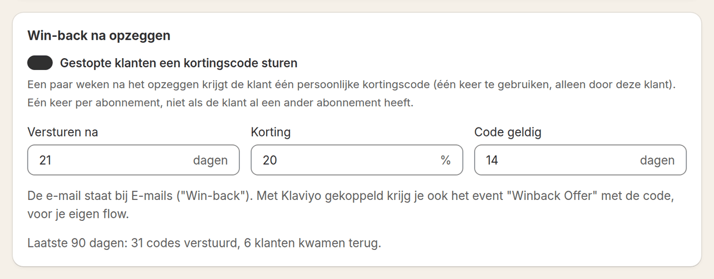 Instellingen voor win-back in Loyalo: gestopte klanten krijgen na een aantal dagen een persoonlijke kortingscode