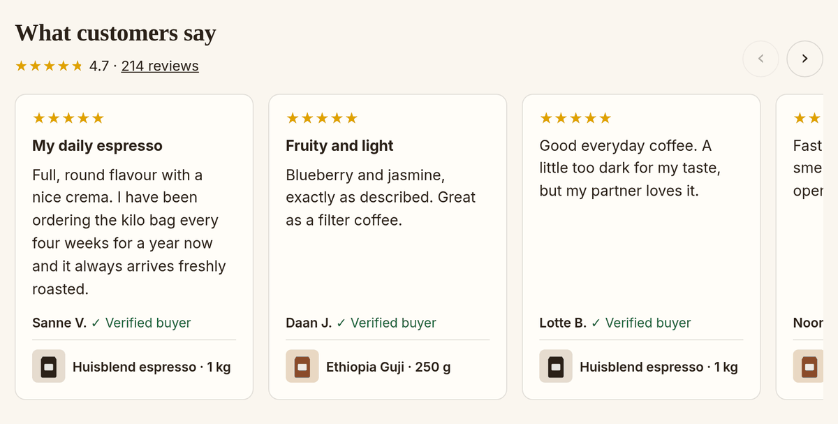 Carousel with reviews on a homepage: the shop's average and cards with stars, the text of the review, the customer's name and the product