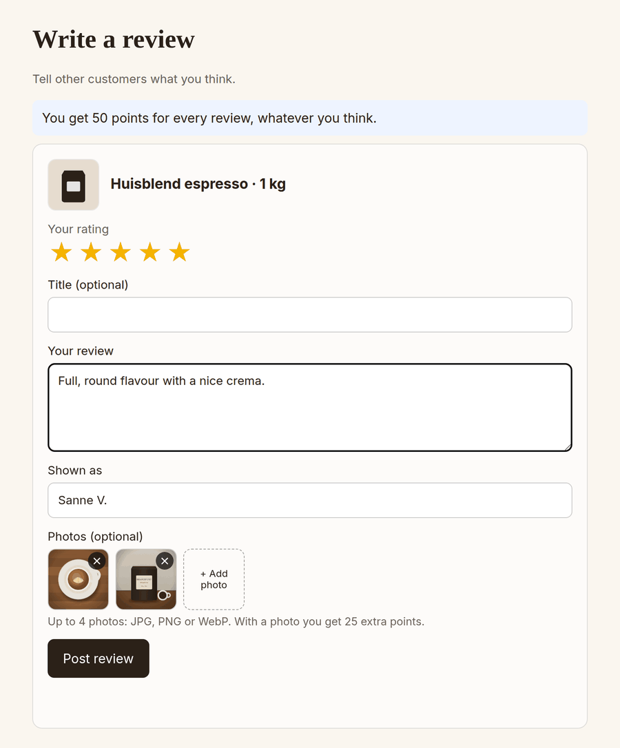 Form to write a review in a webshop: five stars, a text field, the name that is shown and two added photos, with the note that a review earns 50 points