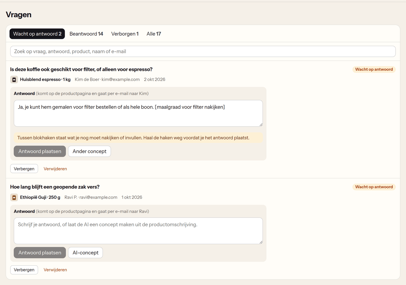 The Questions page in Loyalo: a question about a product with an AI draft in which a part between square brackets still has to be checked