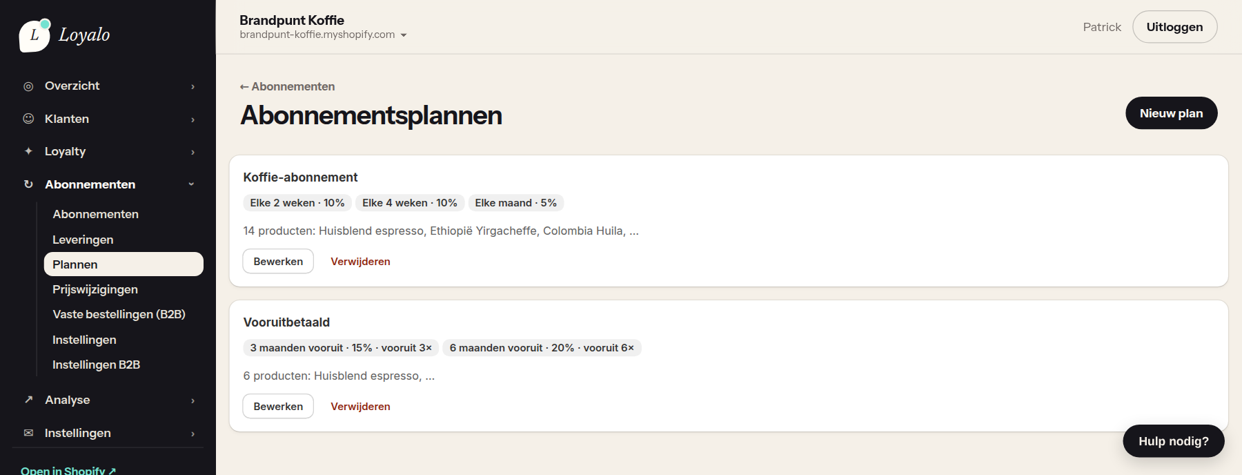 Loyalo-abonnementsplannen met frequenties, kortingen en vooruitbetaalde pakketten