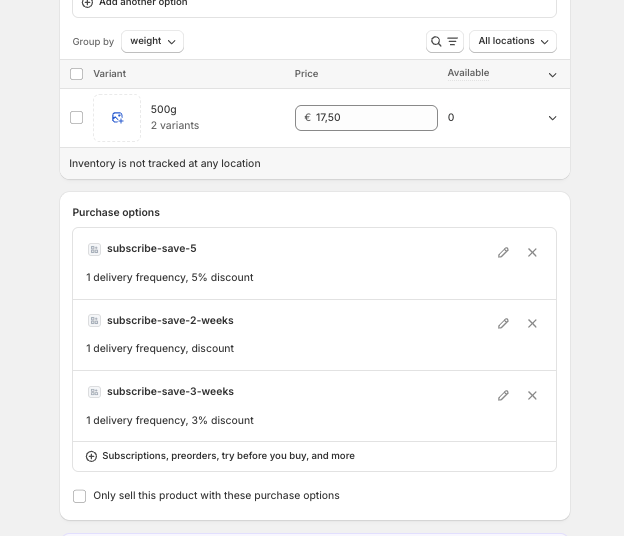 Shopify productpagina met purchase options voor subscribe & save plannen