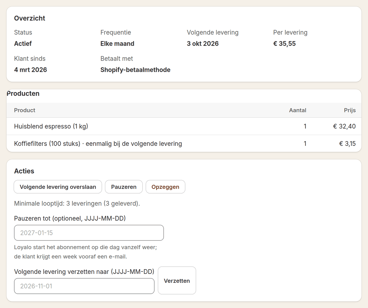 Abonnement in het Loyalo-dashboard met overzicht, producten, een eenmalige extra en de acties overslaan, pauzeren, opzeggen en verzetten