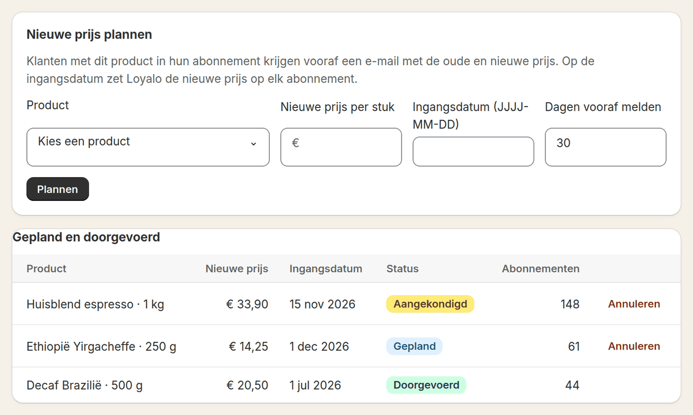 Prijswijzigingen in Loyalo: een nieuwe prijs plannen met ingangsdatum en de lijst met aangekondigde en doorgevoerde wijzigingen