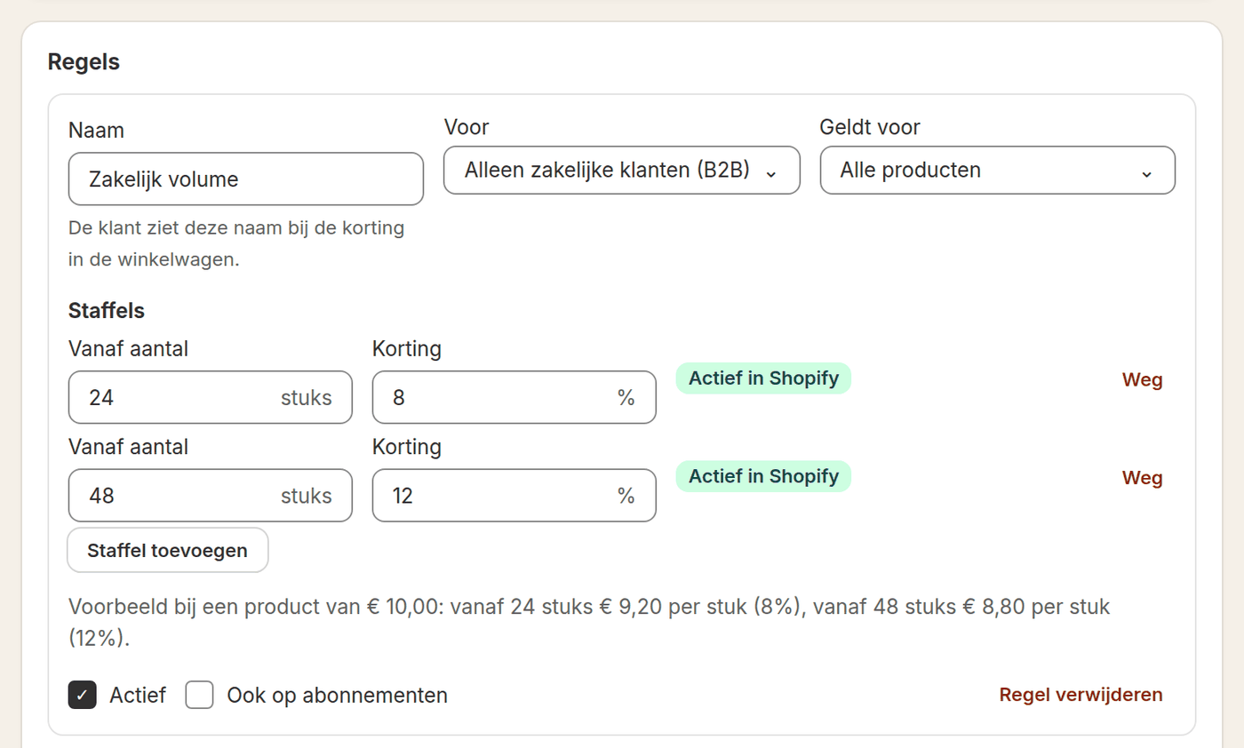 Een regel op de pagina Staffelkorting in Loyalo, alleen voor zakelijke klanten en voor alle producten: 8% vanaf 24 stuks en 12% vanaf 48 stuks