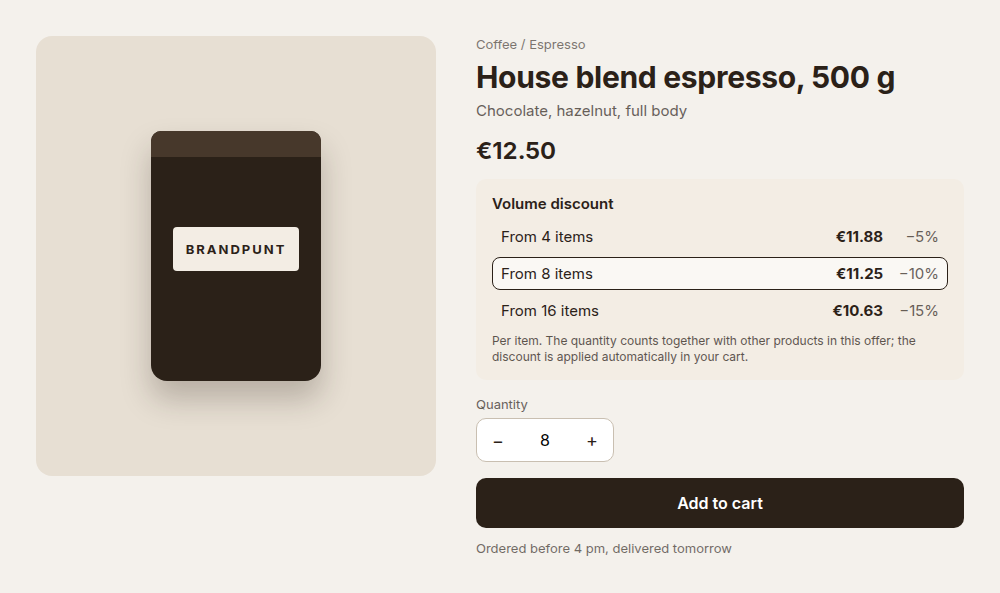 Product page of a sample shop with the volume discount block: the price per item from 4, 8 and 16 items, the step for 8 items highlighted