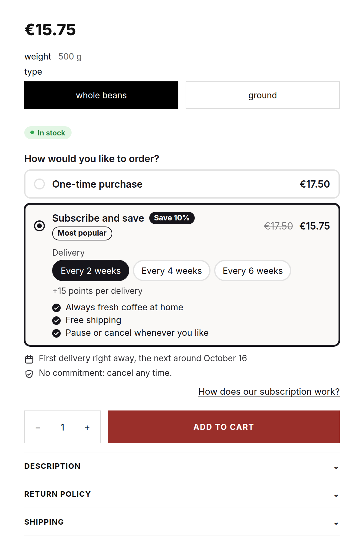 Loyalo widget on a product page: one-time purchase or subscribe and save, with delivery frequency, benefits and the next delivery date