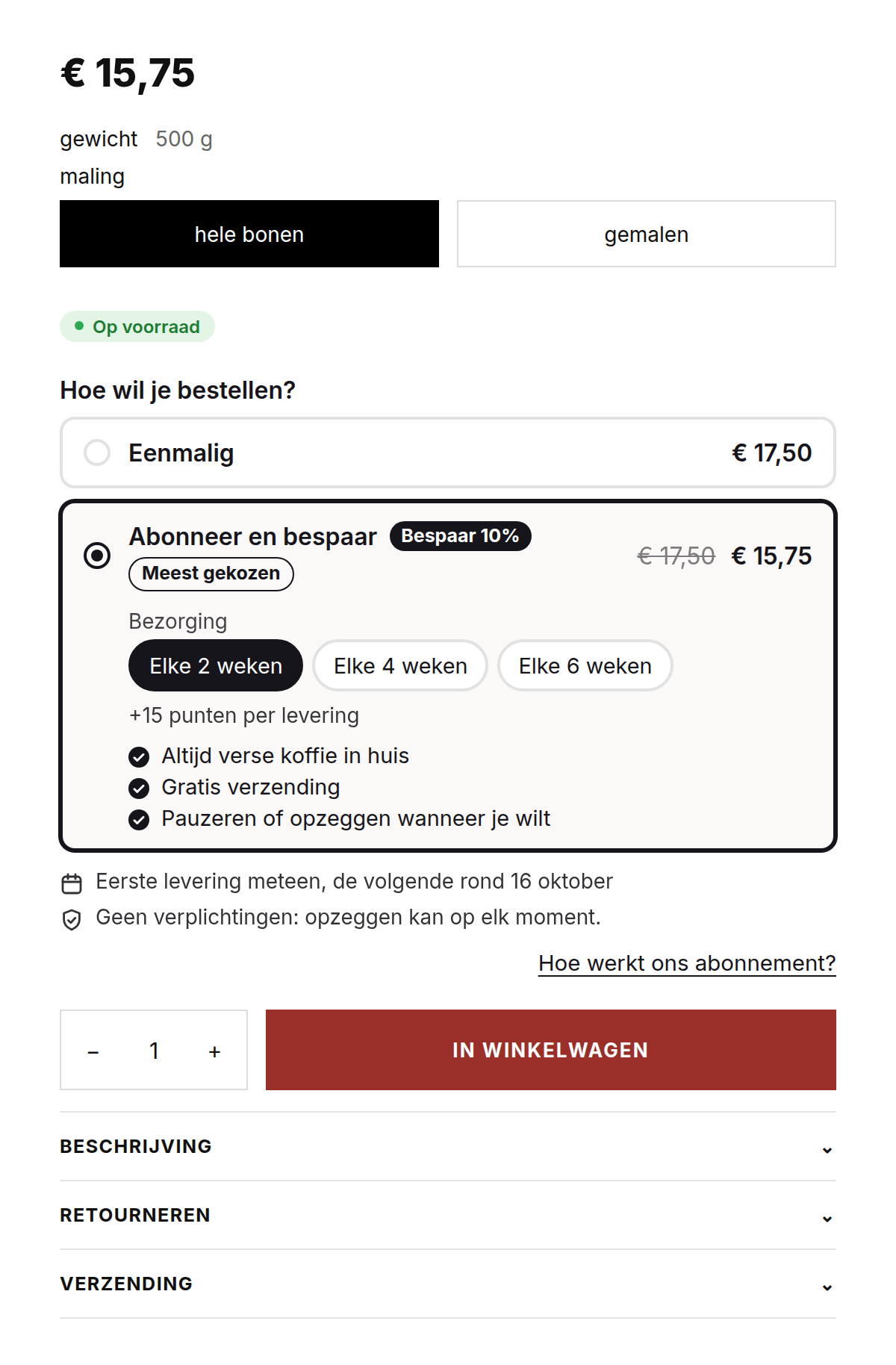 Loyalo-widget op een productpagina: eenmalig of abonneren en besparen, met leverfrequentie, voordelen en de volgende leverdatum